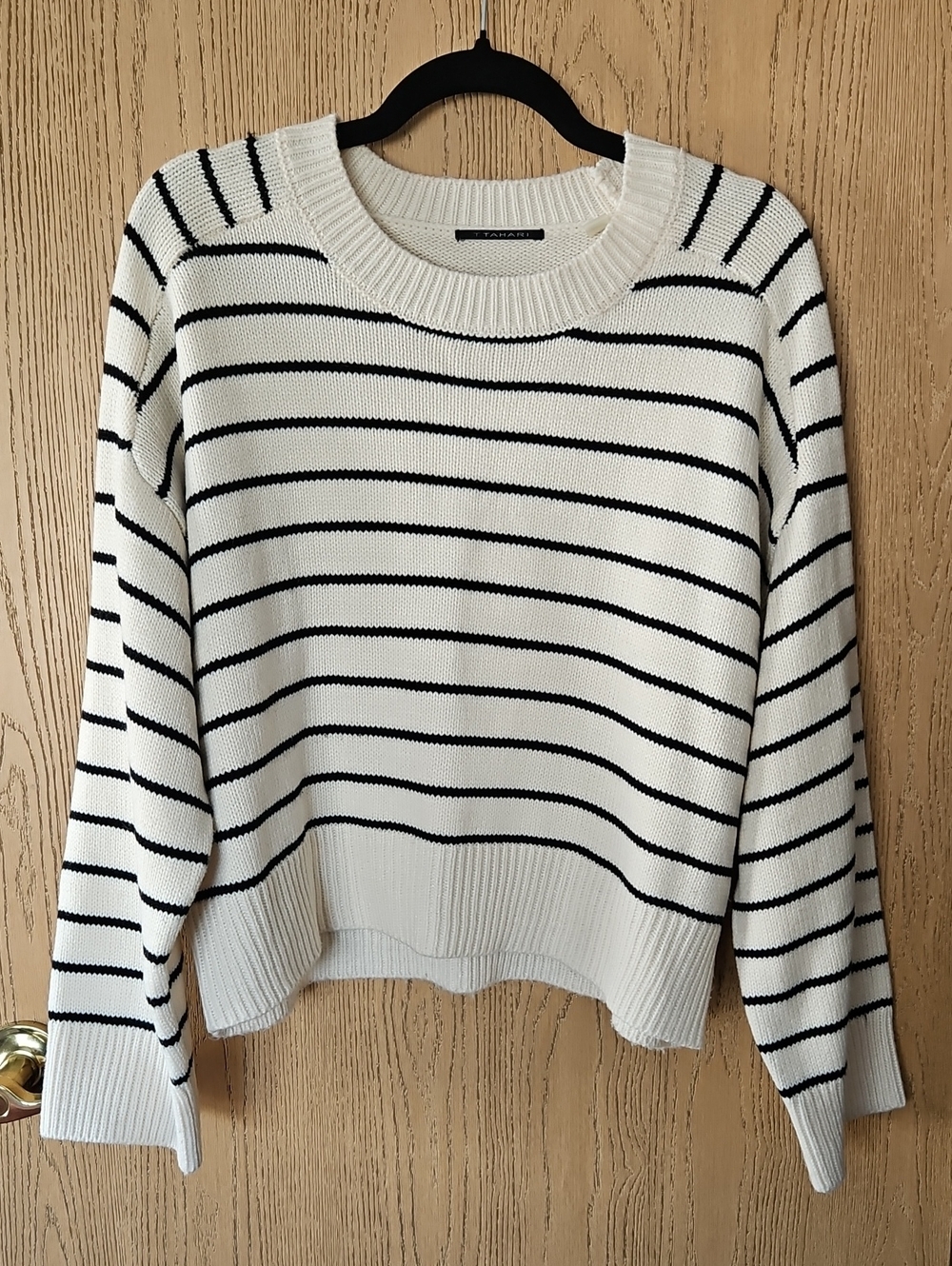T Tahari Cream and Black Striped Crewneck Sweater